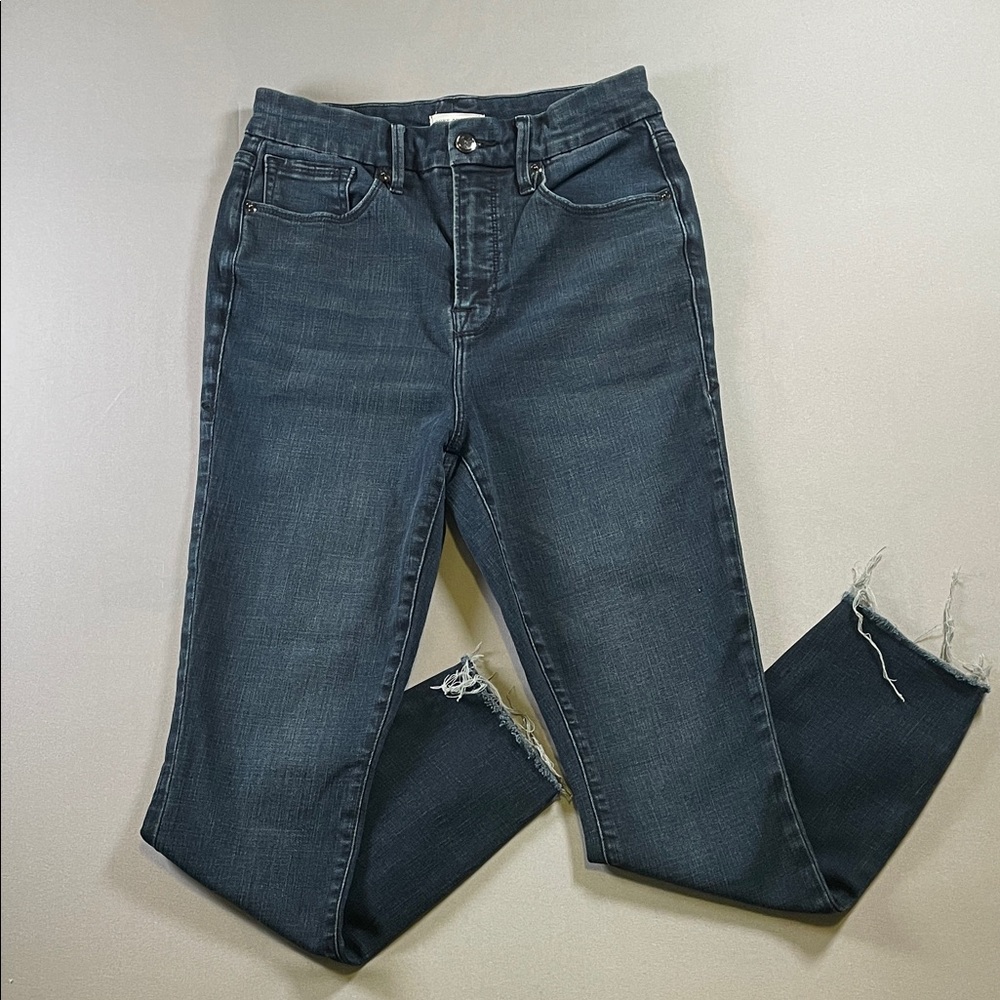 Good American Good Waist Crop Dark Wash Raw Hem High Waist Stretch Jeans 8/29